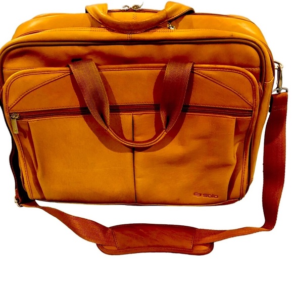 Solo  New York Full-Grain Leather Rolling Laptop briefcase carrying case, Tan - Picture 1 of 5